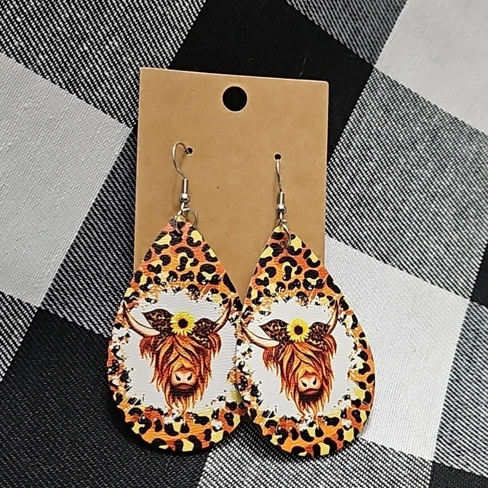 Handmade New Faux Leather Highland Cow Leopard Print Sunflower Dangle Earrings